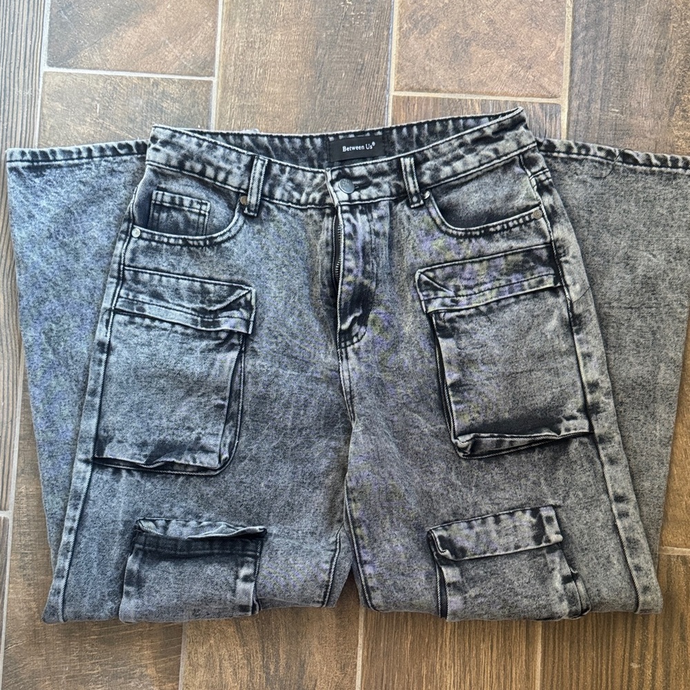 Black Acid Wash Cargo Jeans